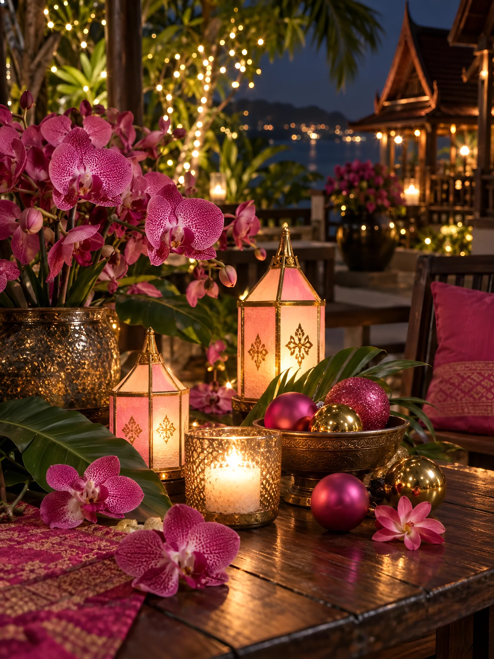 Pinke Orchideen, leuchtende Laternen und Weihnachtskugeln auf einer thailändischen Terrasse am Abend